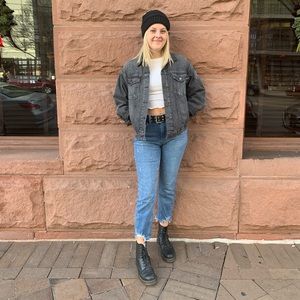 Straight leg high waisted distressed blue jeans